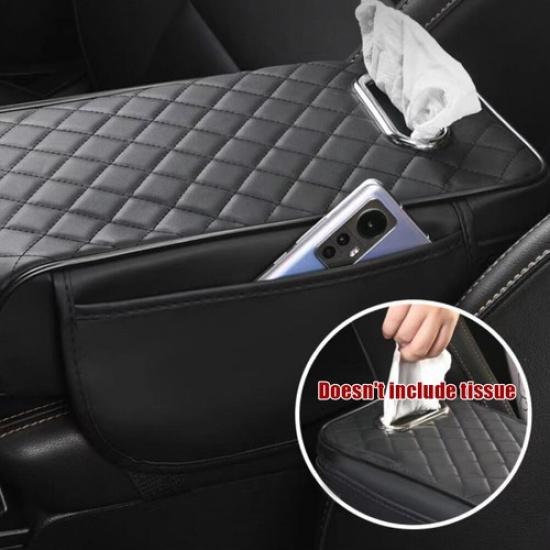 Car Universal Armrest Cover Leather with Tissue Storage Memory Foam Height Pads