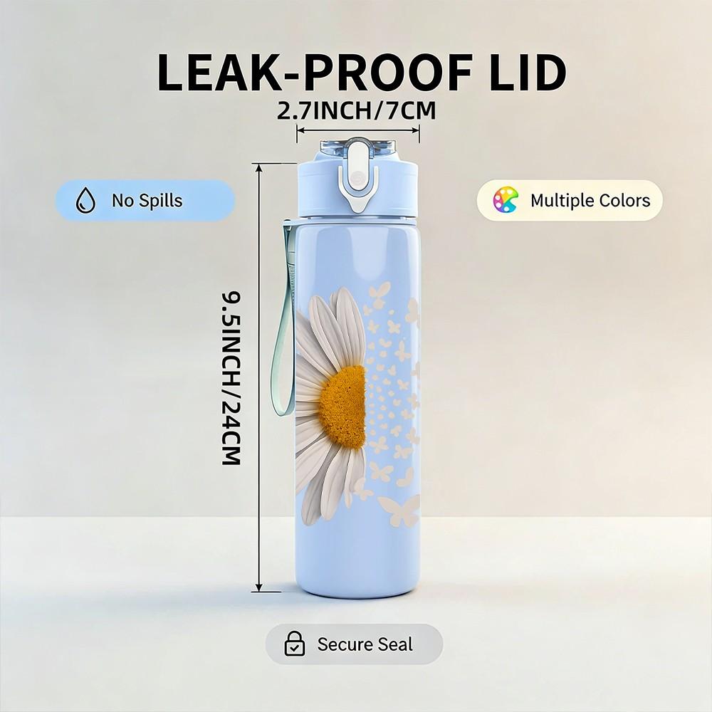 1PC White Daisy Butterfly Print 750ml Color Plastic Sports Water Bottle Leakproof Flip Straw Lid Suitable for Sports Office Home Use
