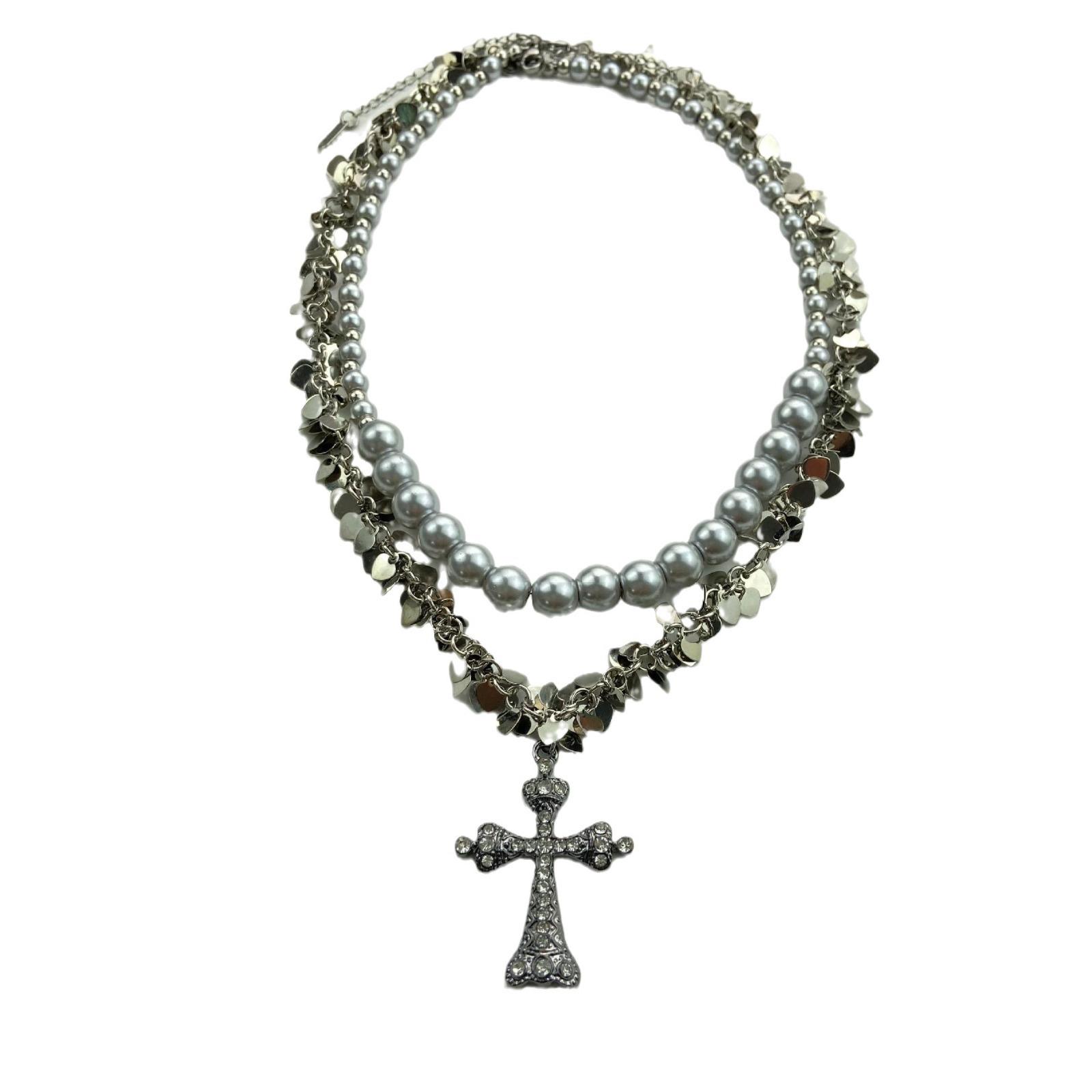 Grey pearl pendant, niche personality diamond-encrusted female cross, double-layer collarbone chain, fashionable versatile and high-end necklace.