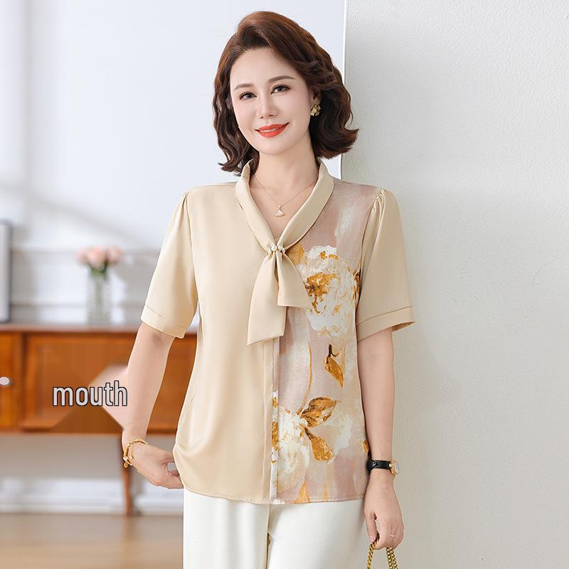 

Chiffon Tie-Up Short Sleeve Top - Breathable & Slimming for Young, Middle-Aged, and Elderly Women 5XL [145-160 kg] хаки