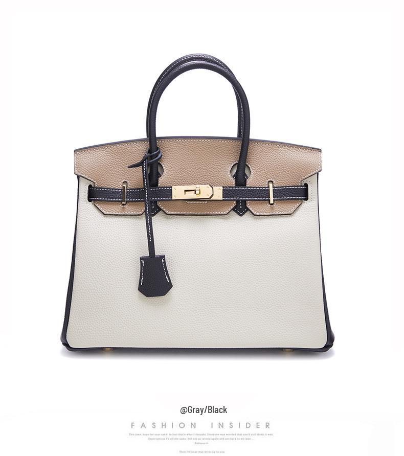 Color Block Genuine Leather Platinum Bag: Large Capacity Togo Cowhide Handbag with Lock - Fashion Shoulder Crossbody