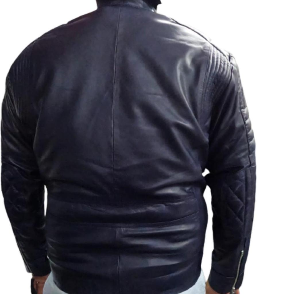 NOORA Men's Real Leather Navy Blue Jacket