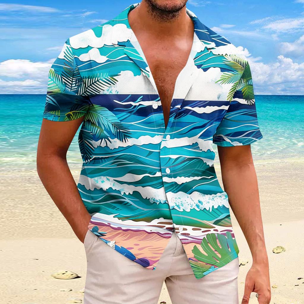 Shirt For Men Casual Fashion Summer Short Sleeve Buttons Printed T Shirt Top