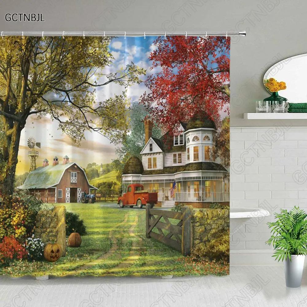 Street Building Scenery Shower Curtain Flower Plant Retro Old Door Summer Rural Landscape Bathroom Curtain Background Wall Decor