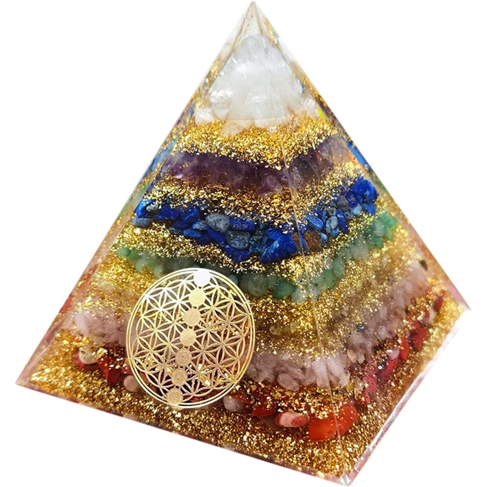 HIGHAWK Orgonite Pyramid with Chakra, Natural Stones, Gold Leaf, Energy, Seven Crystal Stones, Healing, Meditation, and Power Stones (8cm)
