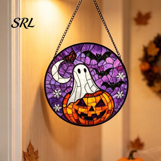 Horror Party Atmosphere Supplies Retro Halloween Pendant, Ghost/Bat/Spider Web/Pumpkin Head Print, Acrylic Disc Wall Decor Vintage Hanging Ornament