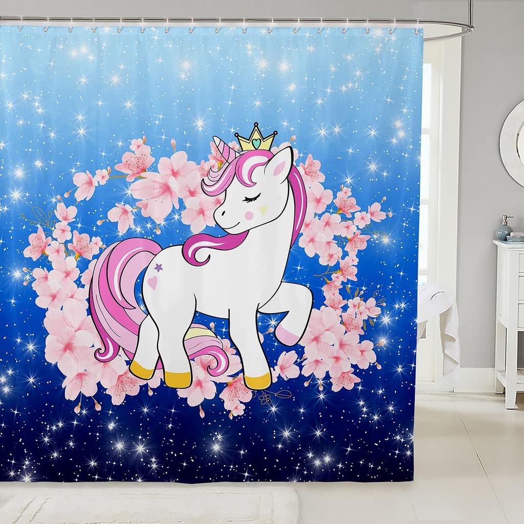 Gradient Purple Shower Curtain, Rainbow Unicorn Bath  Glitter Stars, Waterproof Curtains, Dreaming Cartoon Bathroom Deco