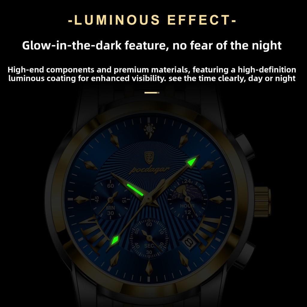 Swiss Mens Watch With Luminous Dial Moon Phase Chronograph For Sports And Casual Wear