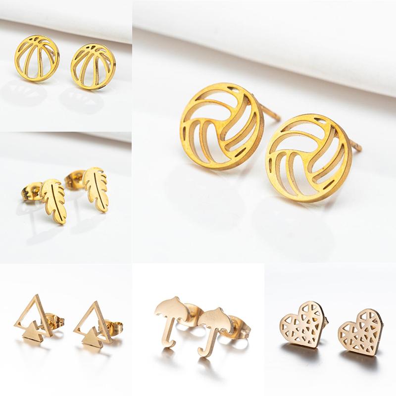 Punk Geometric Volleyball Earings Women Tiny Stainless Steel Heart Feather Triangle Umbrella Stud Earrings Pendiente Hombre