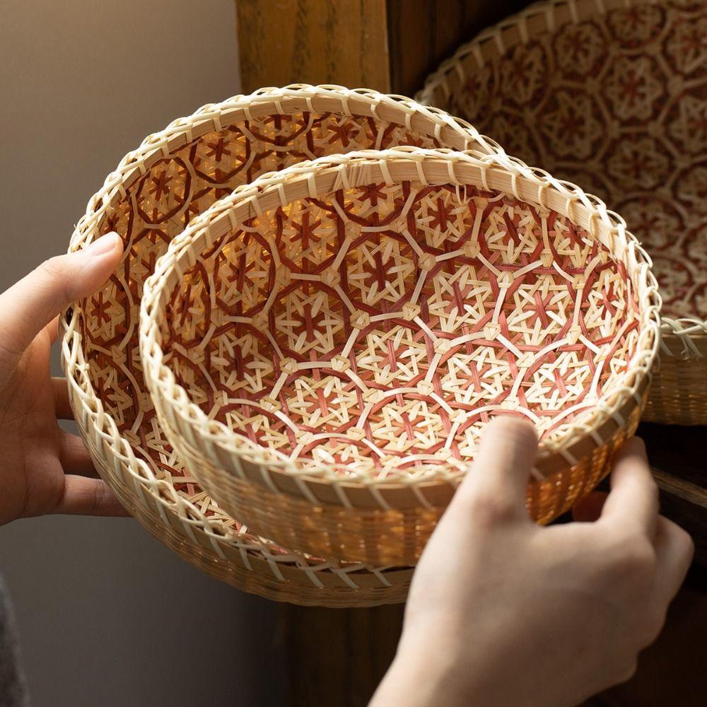 Round Bamboo Storage Basket Sturdy Fruit  Serving Tray High-quality Hand Woven Basket  Office