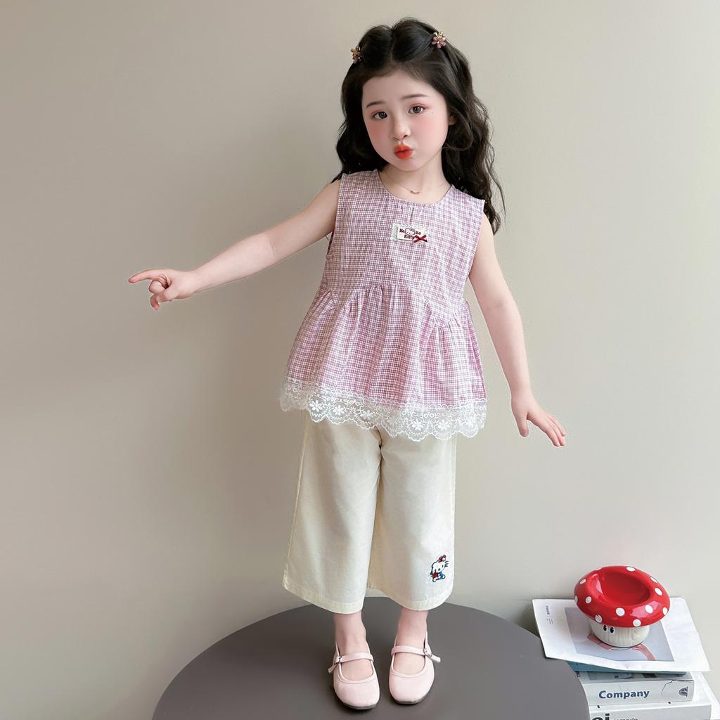 Girls' Plaid Lace Vest Set 2026 Summer New Item for Baby Girls Super Beautiful Thin Summer Two-piece Set Trendy