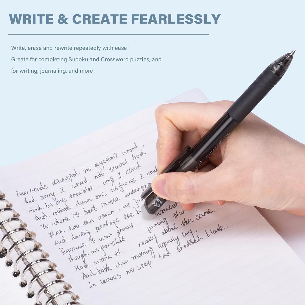 ParKoo Retractable Erasable Gel Pens 0.7mm, 12 Black Twist Pens Fine Point, Make Mistakes Disappear, Smooth Writing with Comfortable Grip for