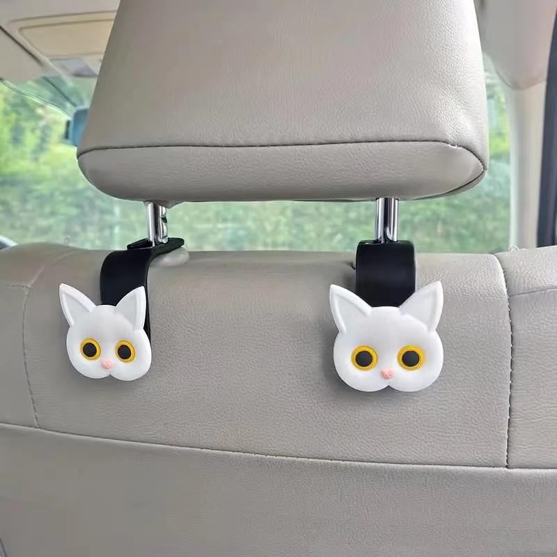 

2PCS Cute 3D Cartoon Cat Car Headrest Hook - Vehicle Storage Organizer for Handbags, Purses & Coats білий