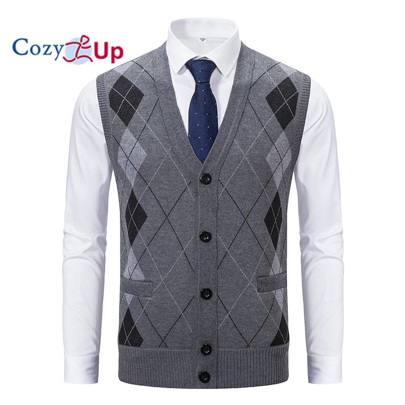 Cozy Up Herren-Pullover, Weste, Wollpullover, gerippter Strick, gestrickt, Knopfleiste, Patchwork, V-Ausschnitt, modern, zeitgenössisch, britisch, Alltagskleidung, Ausgehen