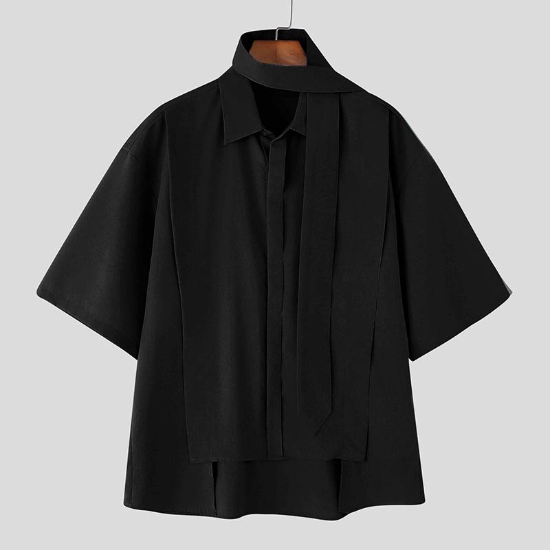 INCERUN Oversized Men Tie Up Neck Short Sleeve Solid Color Casual High Low Shirts