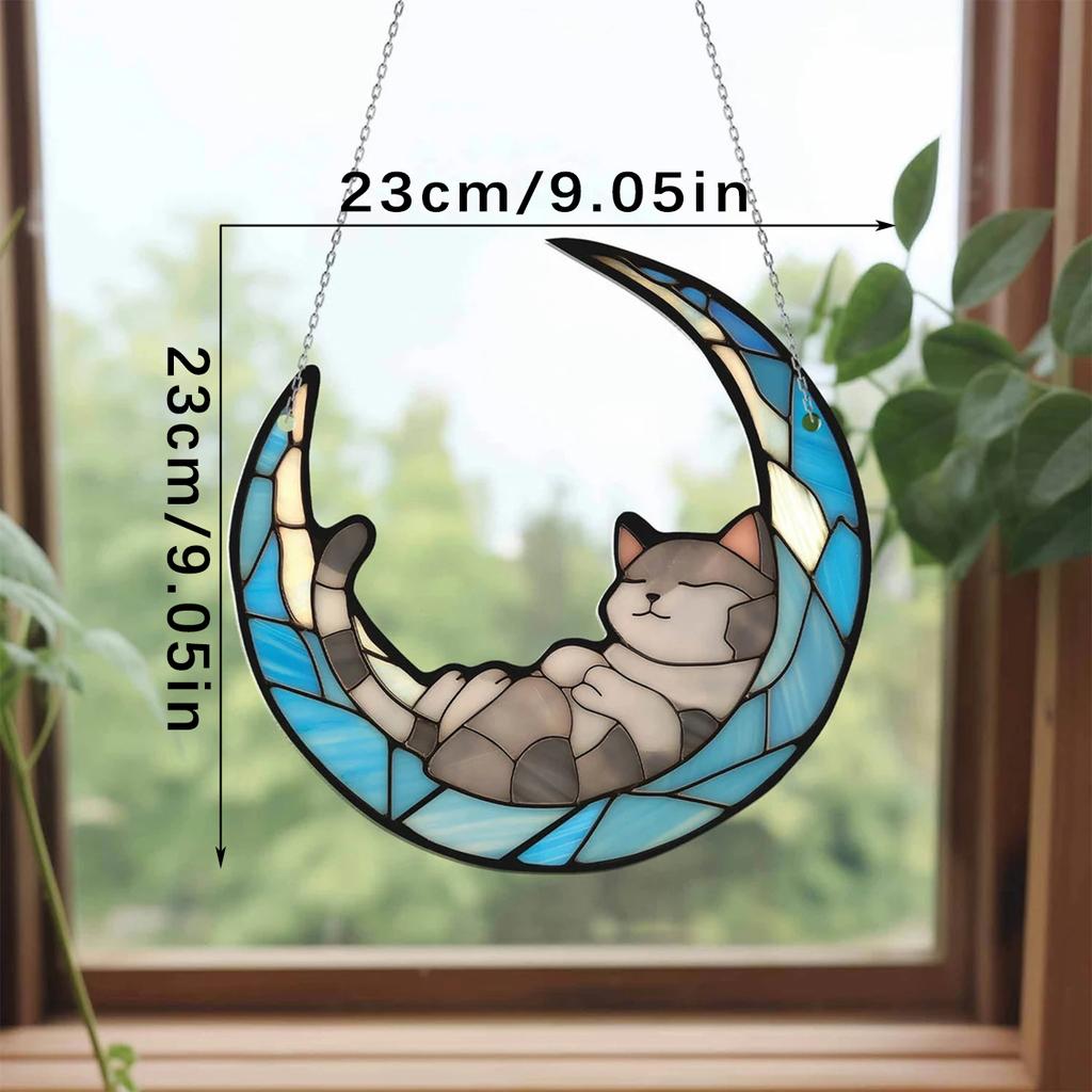 Moon Cat Stained Glass Style Acrylic Window Hanging Decoration Elegant Acrylic Window Decor Home and Garden Nature Lovers Gift