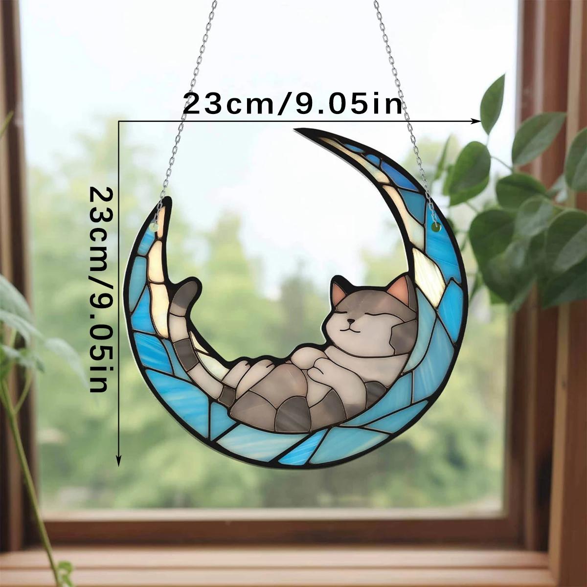 

Moon Cat Stained Glass Style Acrylic Window Hanging Decoration Elegant Acrylic Window Decor Home and Garden Nature Lovers Gift