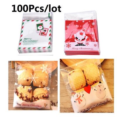 100Pcs Christmas Santa Claus Moose Snowman Self-adhesive Cookie Packaging Bags for Biscuits Snack Ch