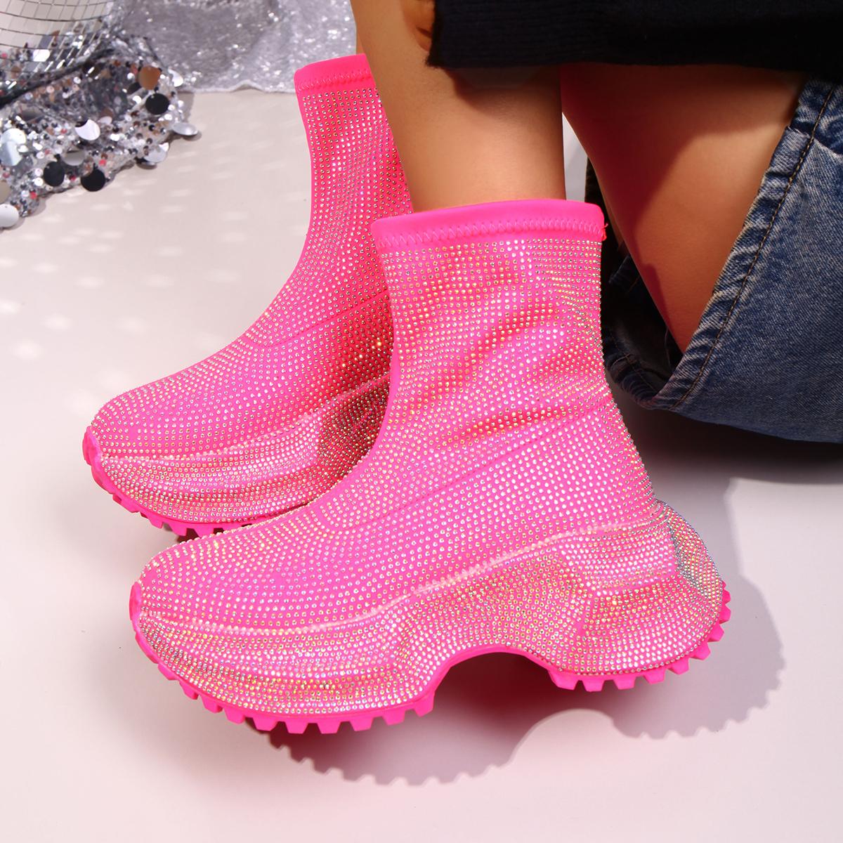 

Модные хрустальные туфли на высоком каблуке женские ботильоны на платформе модные элегантные туфли 2025 зима готические ботинки челси удобные сапоги до середины икры 38 розовый