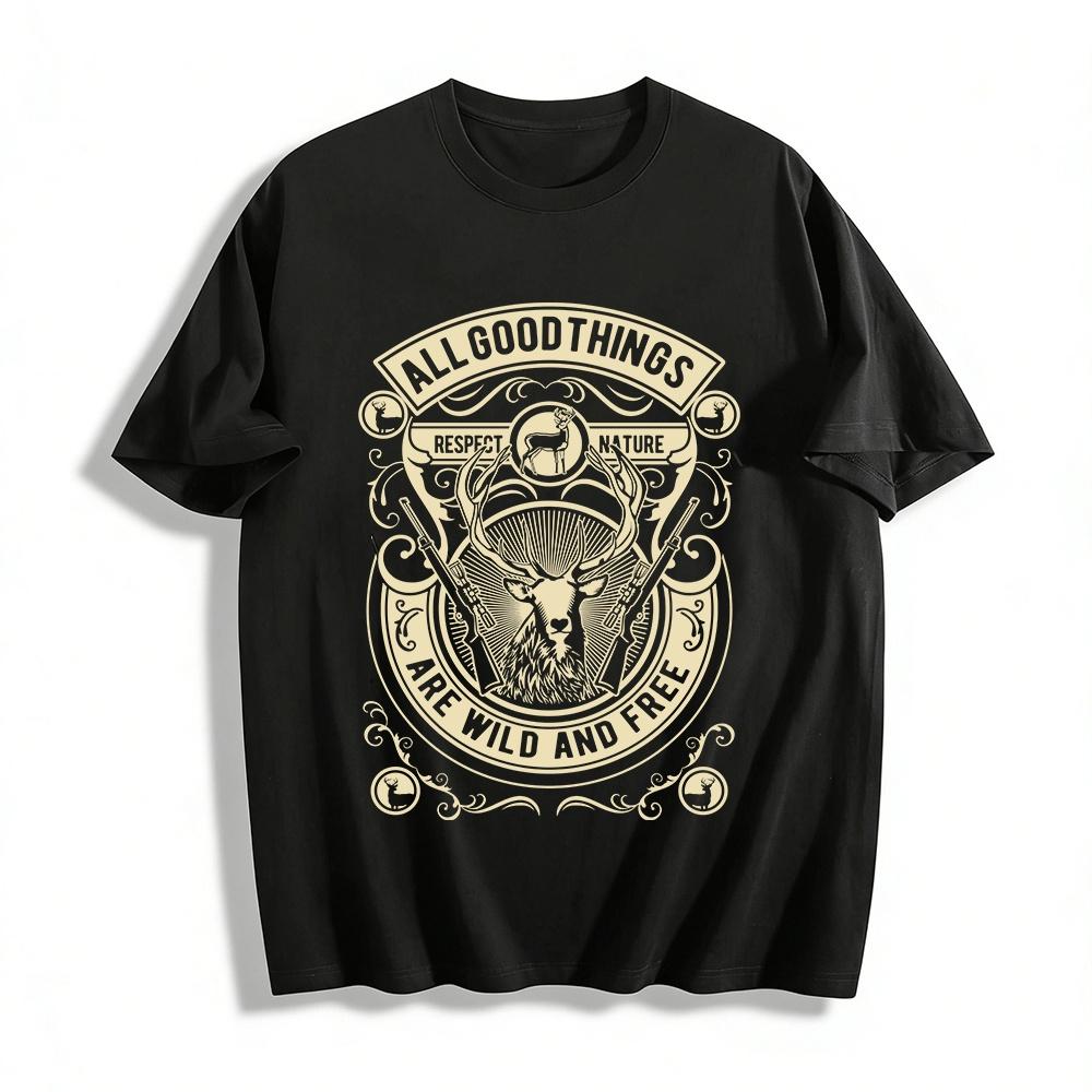 

Respect Nature Deer Print Tee Outdoor Casual Loose Fit Hunting Top Pure cotton T-shirt XXS