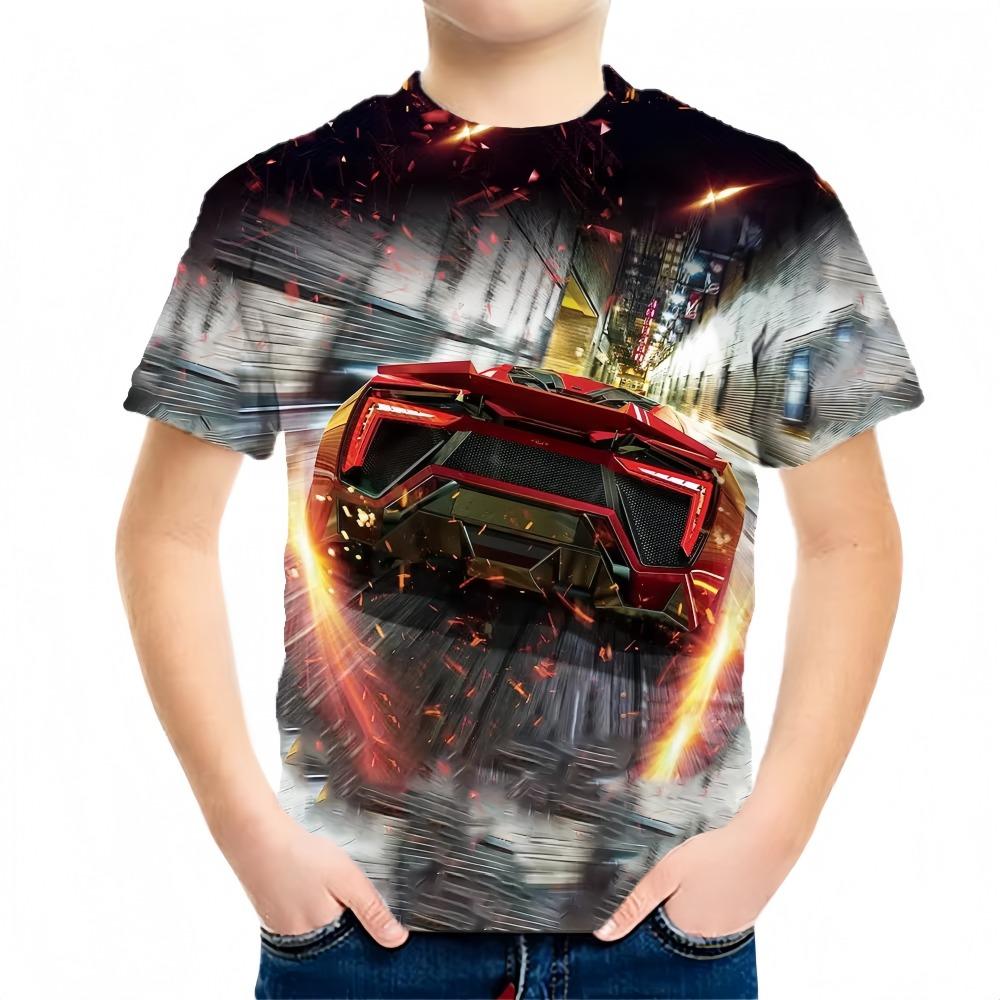 Children's clothing T-shirt, summer short sleeved T-shirt, round neck children's clothing top, fashionable 3D car printed casual boys' clothing