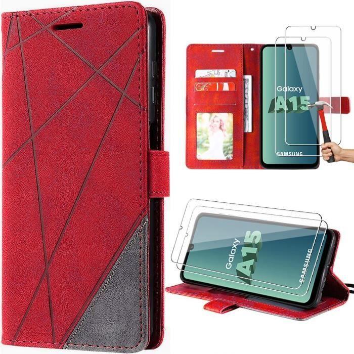 Coque pour Samsung Galaxy A15 4G-5G - Antichoc - 2 Verres Trempés - Poche à Cartes - Béquille Réglable - Rouge