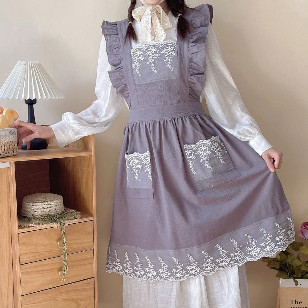 Vestido Sem Mangas com Padrão de Renda Avental Estilo Rústico Roupas de Trabalho Novo Avental de Jardim para Senhoras Meninas