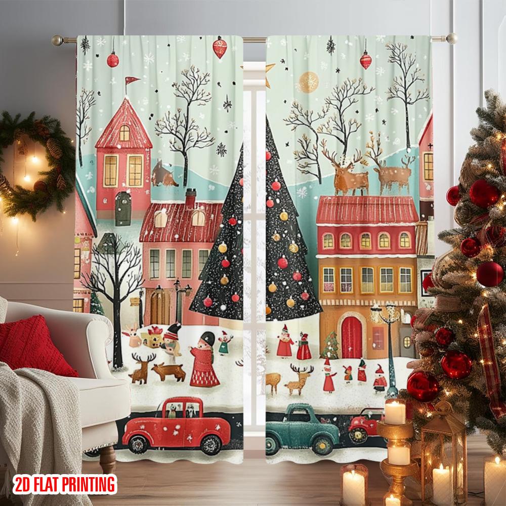 2pcs 2D Flat Printing Merry Christmas Party Curtains Santa Claus Snow Scenery Versatile Polyester Fabric Without Electricity