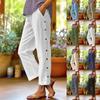 Women's European and American Style High Waist Loose Linen Cotton 7/8 Casual Pants, Breathable Side Pockets Decorative Buttons Trousers