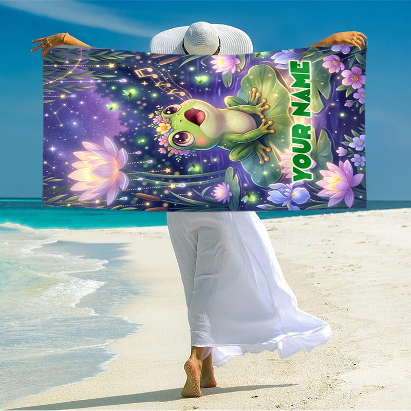 1PC Custom Name Frog Garden Beach Towel Highly Absorbent And Sand-Resistant Towel for Swimming, Pool, Yoga, And Travel Lightweight