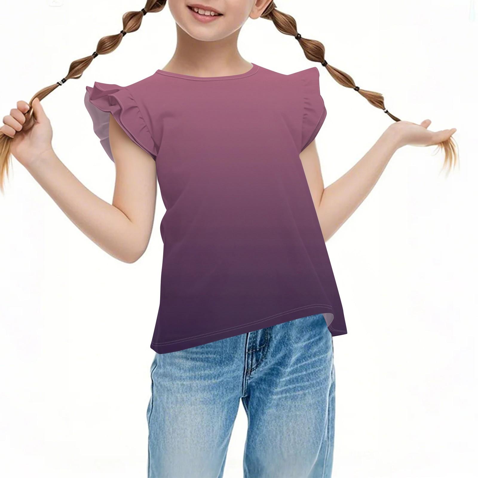 

Children s Casual Short-Sleeved Pleated, Cute Gradient Printed Round-Neck Solid-Color Top 140 фіолетовий