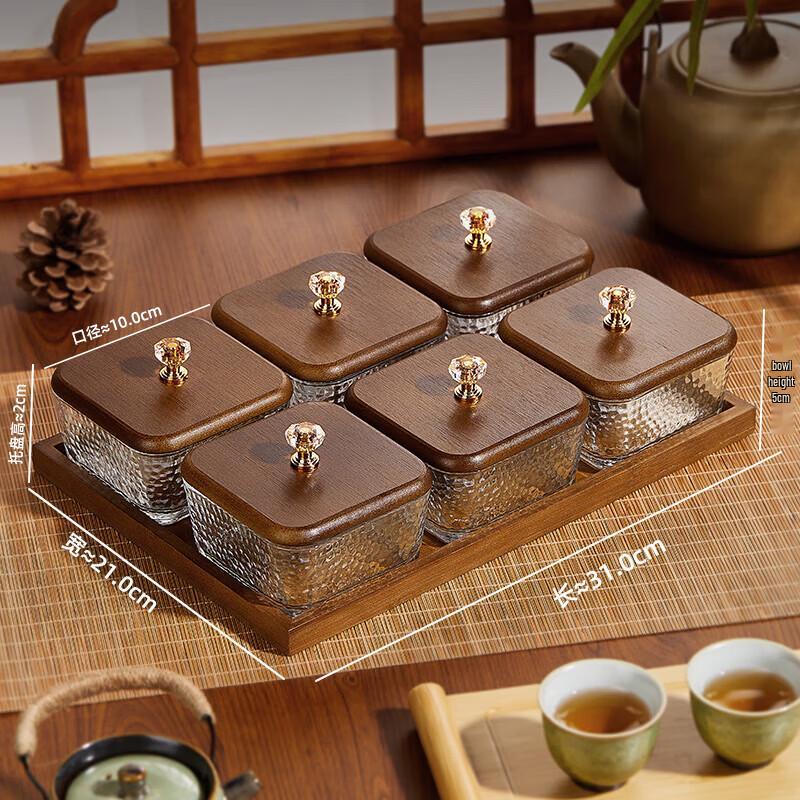 Vintage Glass Snack Storage Set with Walnut Wood Lid