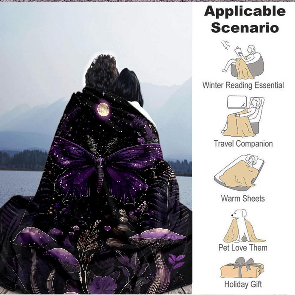 1pc Purple Moonlit Garden Blanket, Lightweight Flannel Throw Blanket for Sofa, Bed, Travel, Camping, Living Room, Office, Couch022