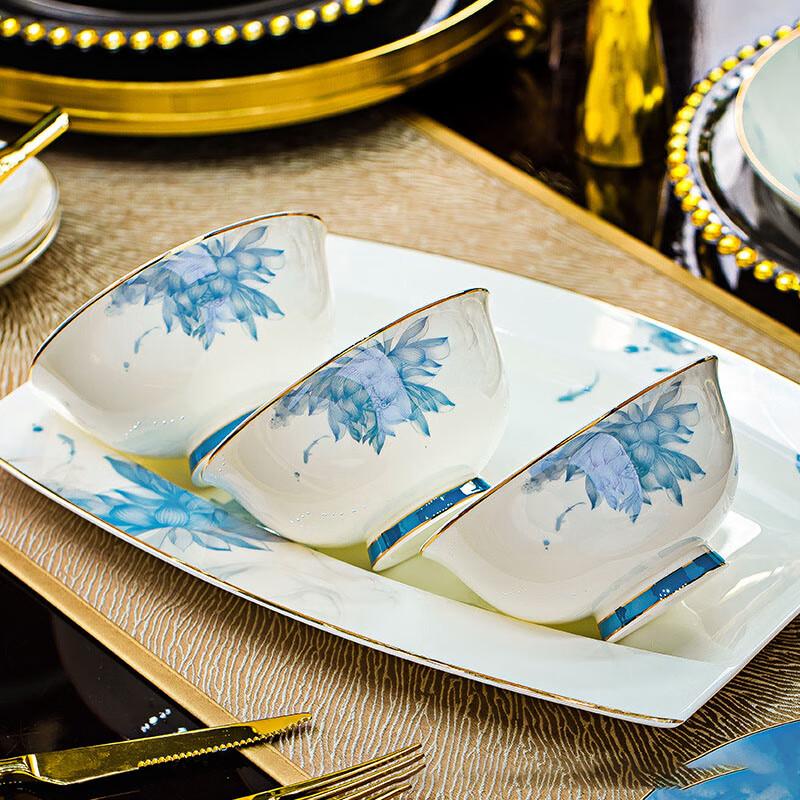 Jingdezhen Blue Lotus Ceramic Dinnerware Set 56-piece Standard with Square Pot