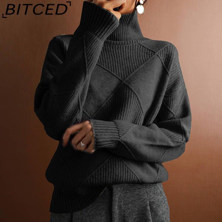 BITCED Oversized Crewneck Knit Sweater for Workwear Solid Color High Neck Diamond Pattern Fashion Sweater for Women