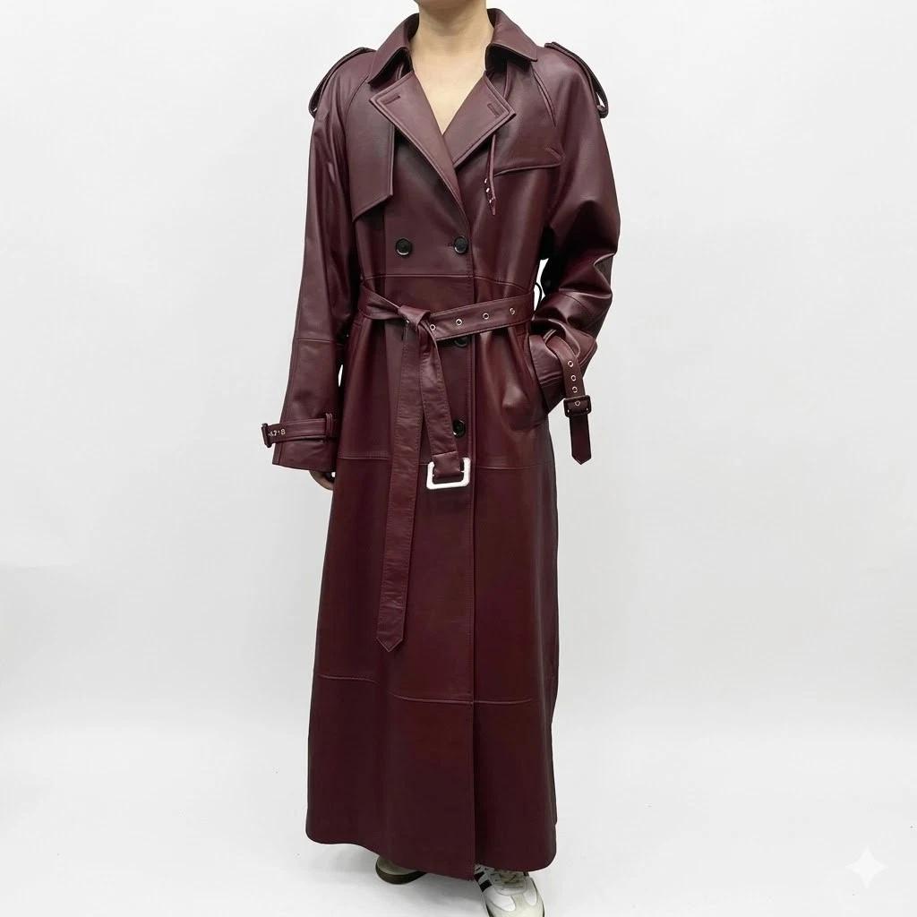 Women s Burgundy Stylish Trench Coat Genuine Lambskin Leather Party Wear Handmade Fit S