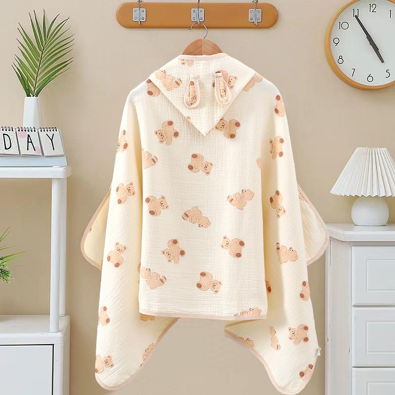 Beige Children'S Hooded Bath Towel Four-Layer Cotton Gauze Cape Bath Towel Soft Absorbent Baby Bath Robe