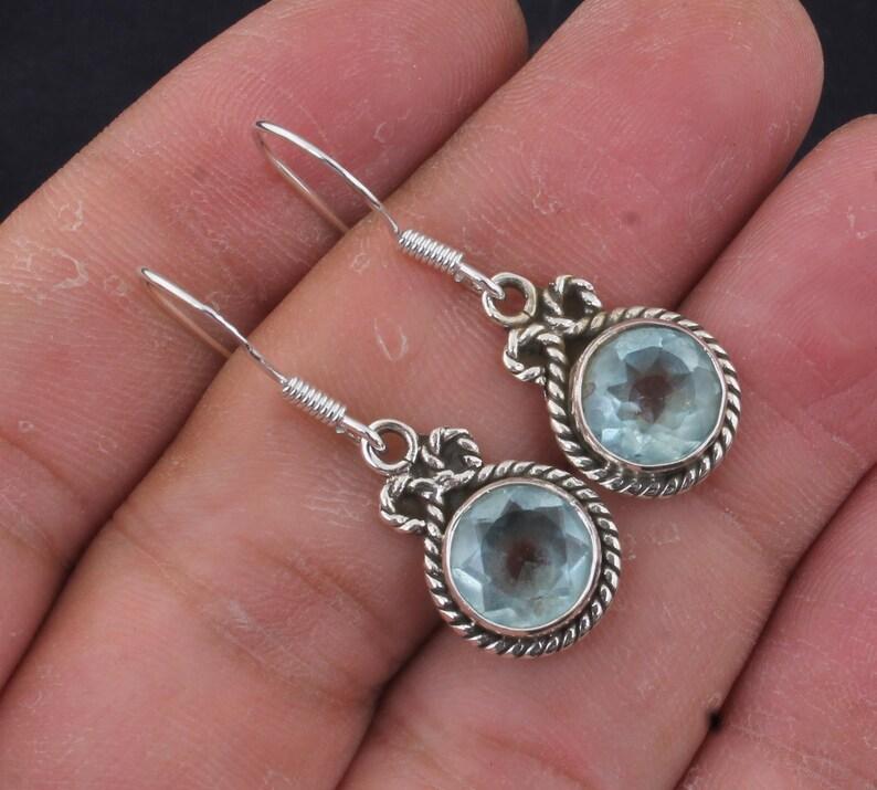 Blue Topaz Round Gemstone 925 Silver Handmade Designer Dangle Earring Women Gift For Her Statement Jewelry Boho Earring