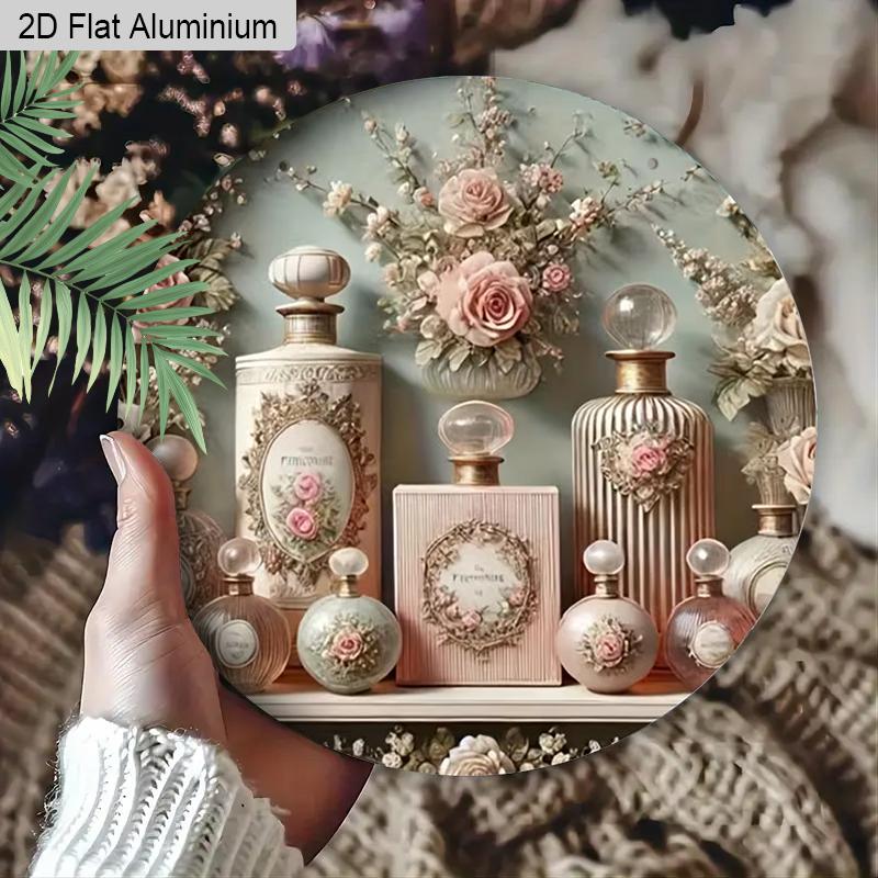 2D Flat 1pc Vintage Perfume Aluminum Sign Round Ornament - Embossed Floral Design Art, Home Office Bedroom Balcony Decor, Indoor/Outdoor Door Wall