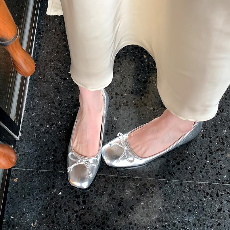 

Модная одинарная обувь с неглубоким вырезом и бантом, весна 2025, новый французский нежный вечерний стиль, туфли-лодочки на плоской подошве для женщин 45