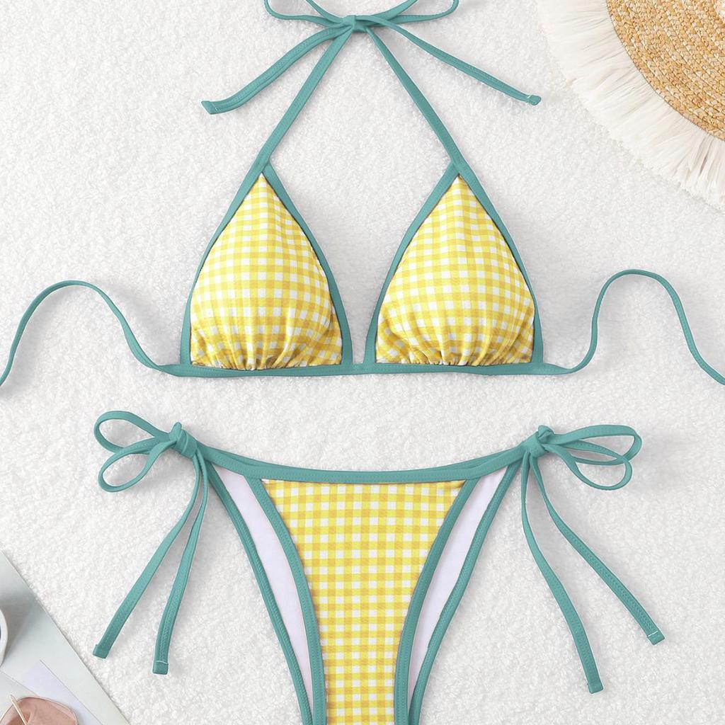 European & American Sexy Houndstooth Tie Halter Triangle Bikini Swimsuit for Women