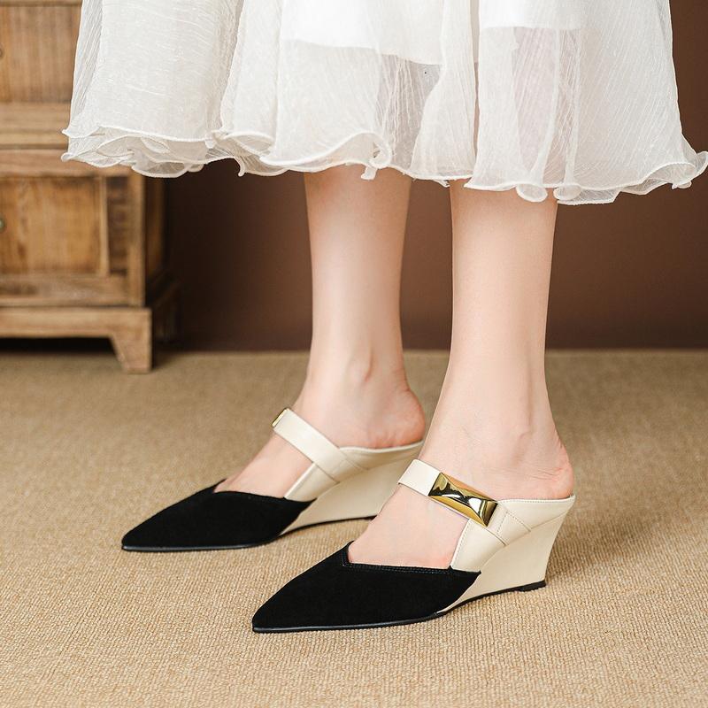 

Fashion FHC 2024 New Pointed Toe Wedges Slippers,High Heels Summer Shoes Rivets Slides,Outside Wearing,Slip On,Beige,Black,Dropship 33