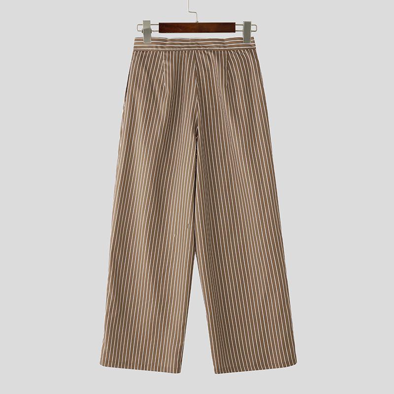 INCERUN Men Casual Zip-up Waist Striped Loose Layers Wide Legs Pants Long Trousers