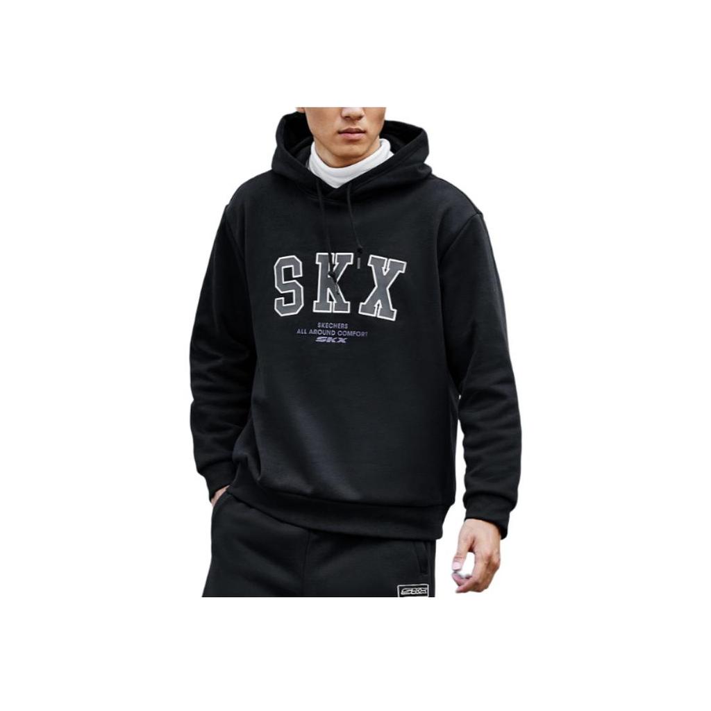 Skechers Hooded Pullover Drawstring Letter Logo Printed Long Sleeve Sweatshirt Men Sweatshirt Carbon-Black P422M063-0018