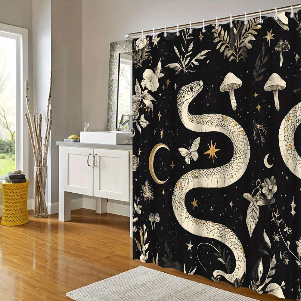 1Pc Serpentine Snake & Botanicals Digital Art Shower Curtain, Fantasy Style With Golden Patterns, Black Background, Polyester