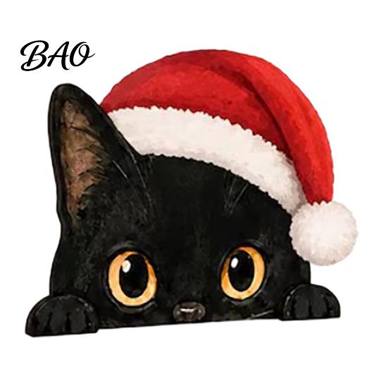Desktop Cat Figurine Cute Shelf Sitter, Wooden Christmas Hat Peeking Desk Figurine, Funny Animal Small Statue Sign, Lover Gift for Holiday Home Office