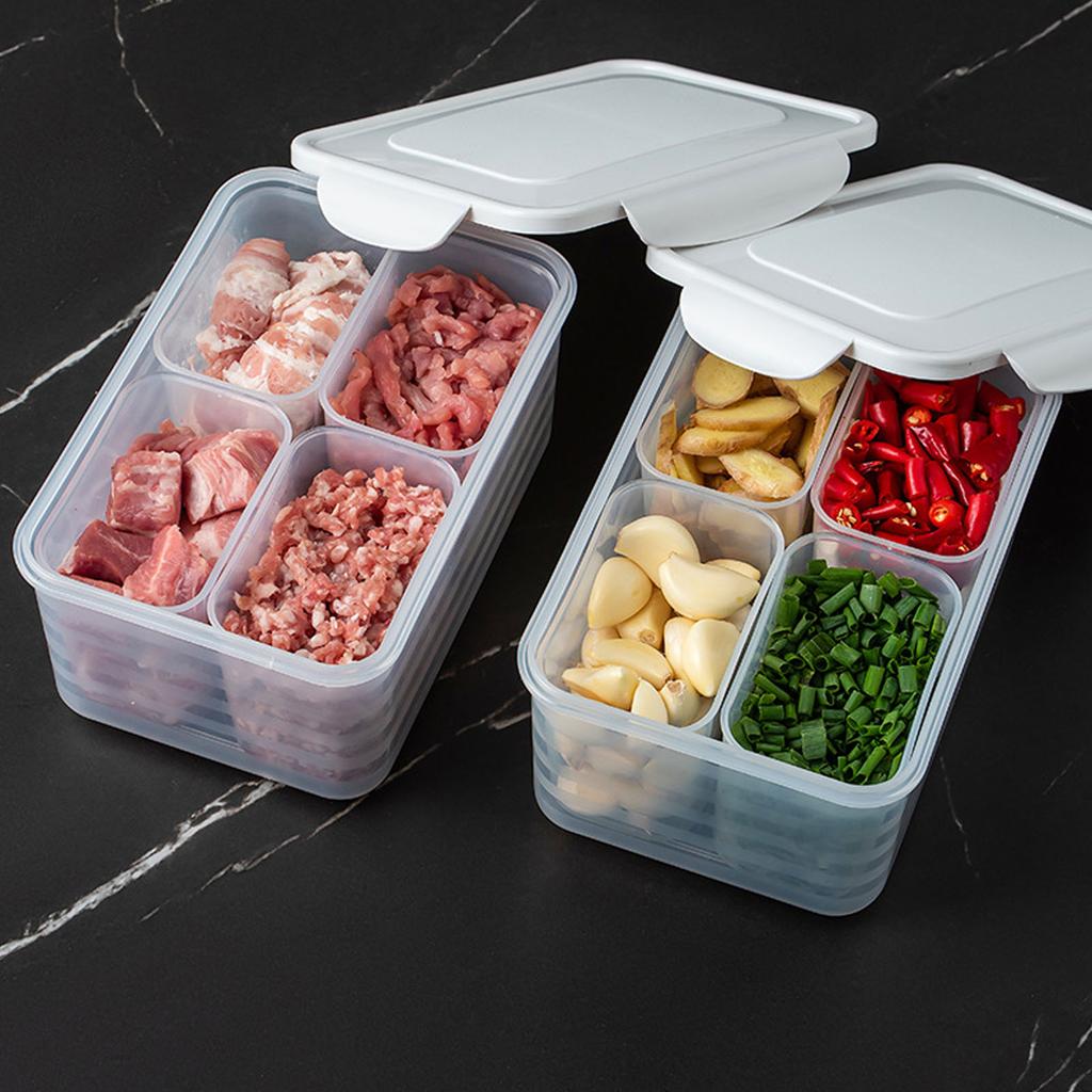 Fridge Storage Containers PP 4 Compartment Fresh Keeping Divided Veggie Salad Organizer Boxes