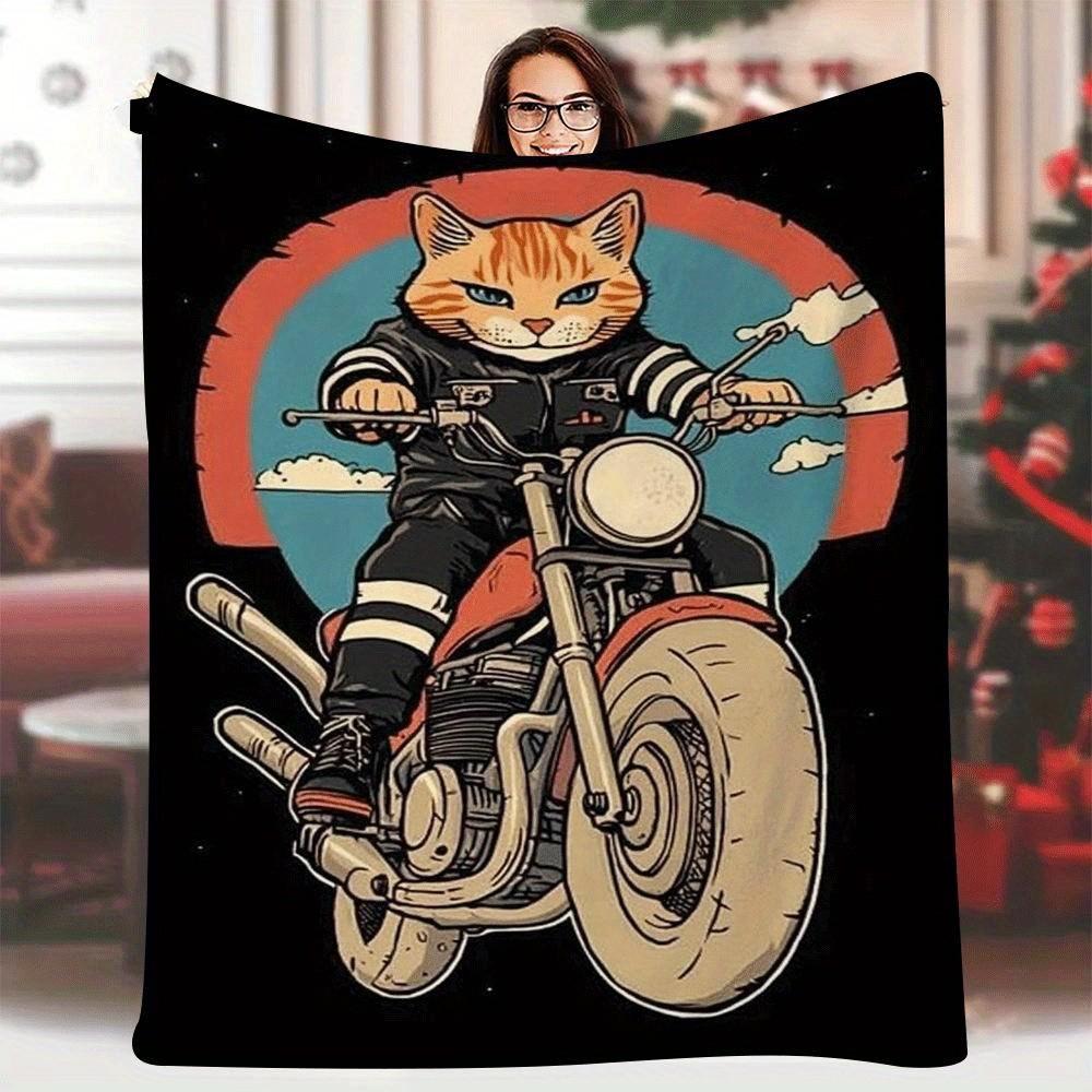 

Retro cat riding a motorcycle pattern Flannel printed blanket suitable for all seasons for living room office sofa and travel 75x100cm (30x40inch)
