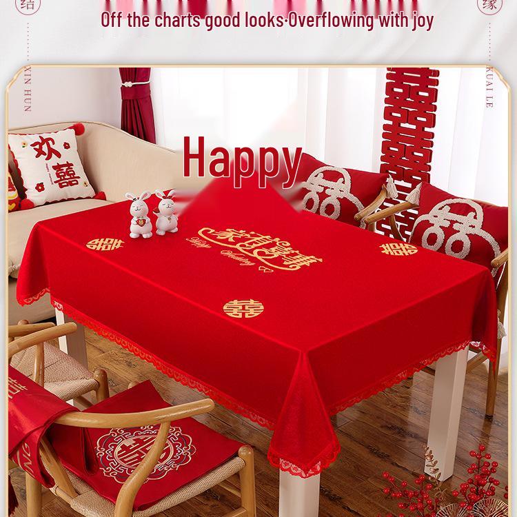 Red Chinese Double Happiness Wedding Tablecloth for Engagement and Festive Decoration