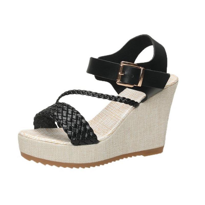 

Large size wedge sandals summer new one-word with buckle cool slippers women s versatile casual women s shoes 35 чёрный